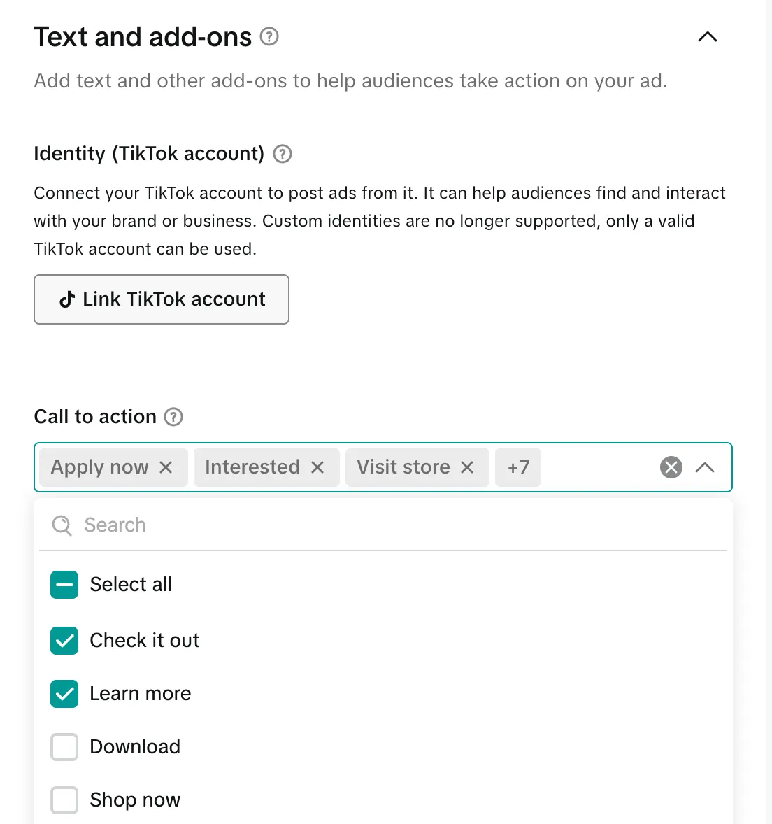 Выбор кнопки призыва в объявлении TikTok