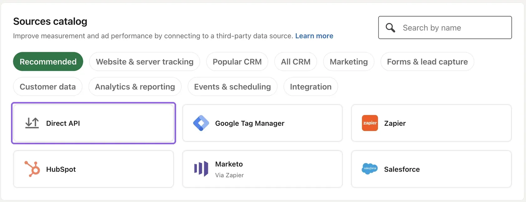 Каталог источников для подключения Conversions API в LinkedIn