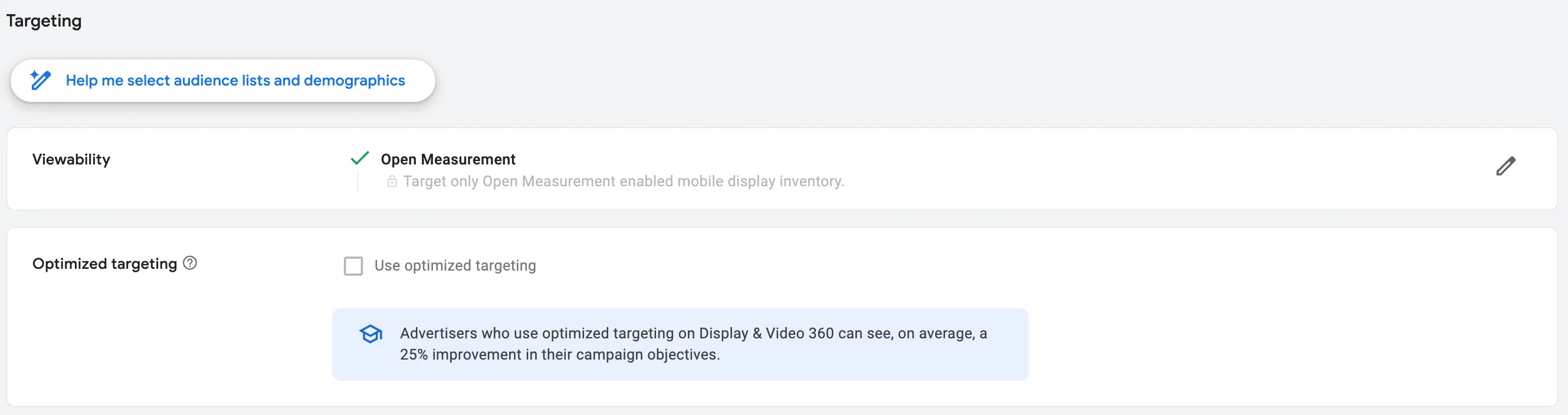 Блок Targeting с аудиториями, Viewability и Optimized targeting в Line Item