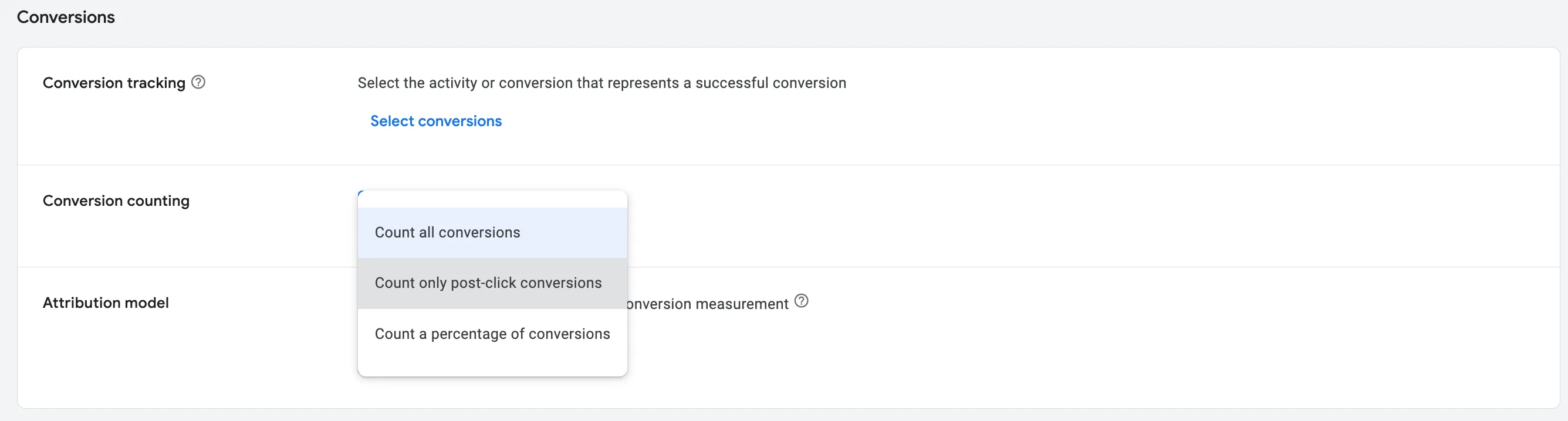 Блок Conversion tracking с dropdown Conversion counting и Attribution model
